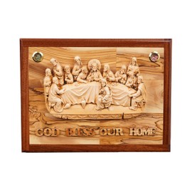 Adorn your dining room with the Jerusalem Last Supper Wall Sculpture. This 14x11 inch olive wood and ceramic plaque, handcrafted in the Holy Land, is perfect for a new home blessing or a wedding gift.