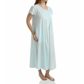 LA CERA Women's Victorian Nightgown, 100% Cotton, Side Pockets, Scoop Neckline, Short Sleeve, Summerwear Blue