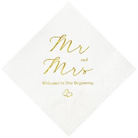 Crisky Gold Foil Mr and Mrs - Servilletas de cóctel de boda, 100 unidades para bodas, fiestas, recepciones, postres, decoración de mesa, bienvenidos a nuestras servilletas desechables de 3 capas