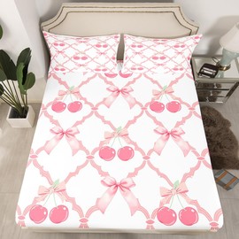 Juego de sábanas con lazo cerezo para decoración del hogar, juego de sábanas con lazo rosa y blanco, bolsillo profundo, diseño de princesa de hadas con rejillas cruzadas de patchwork, tamaño