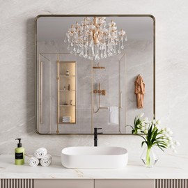JISOSO Bronze Bathroom Mirror 36x36 Inch, Brushed Bronze Metal Frame Mirror for Wall, Rounded Rectangle Bathroom Vanity Mirror with Tempered Glass, Anti-Rust, Horizontal/Vertical