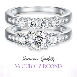 2Ct 925 Sterling Silver Cubic Zirconia 3 Stone Round Cut Wedding Ring Set CZ Engagement Ring for Women Size 5-10