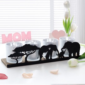 SYFURNIX Elephant Decor Mom & Child Mercury Glass Tealight Votive Candle Holders with Wooden Tray Home Décor Gift for Mothers, Grandmas, Baby Showers | Mantle, Coffee Table Decor