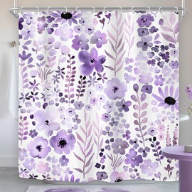 Riyidecor Riyidecor Purple Floral Shower Curtain for Bathroom Decor 72Wx72H Lilac Wildflower Watercolor Boho Cute Leaves Botanical Plant Funky Art Printed Fabric Polyester Waterproof 12 Pack Plastic Hooks