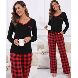 Yukiuiny Womens Long Sleeve Pajamas Sets 2 Piece Tops and Plaid Pants PJ Set Loungewear Sleepwear with Pockets