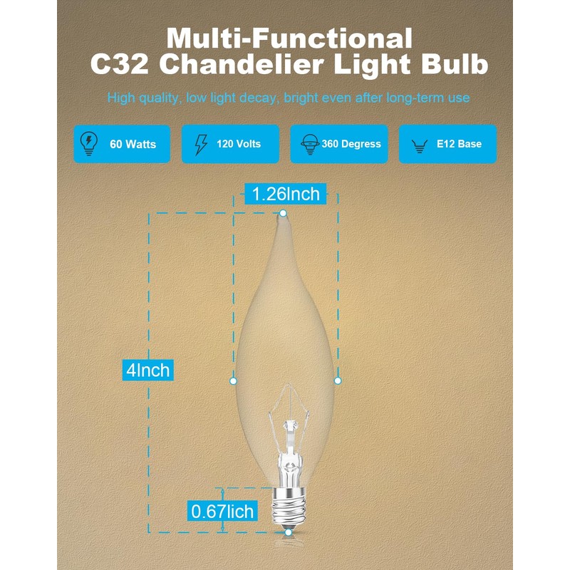 60W Candelabra Light Bulbs, E12 B10 Clear Candle Base Bulb