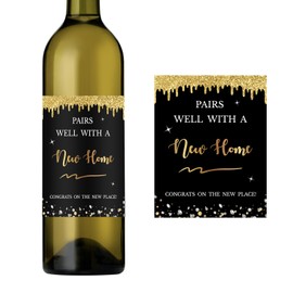 WOWOPA 6 Pcs New Home Wine Bottle Labels, Congrats New Homeowner Wine Bottle Stickers Gift Sweet Home Party Decorations - Black