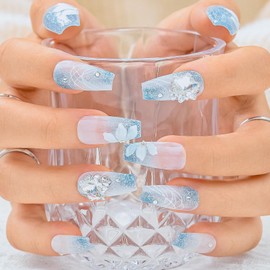 Sethexy Blue Glitter Press-On Nails, Handmade Long Coffin False Nails, Elegant Acrylic False Nails, Rhinestone, Flower Painted for Women and Girls, 10 Pieces (10)