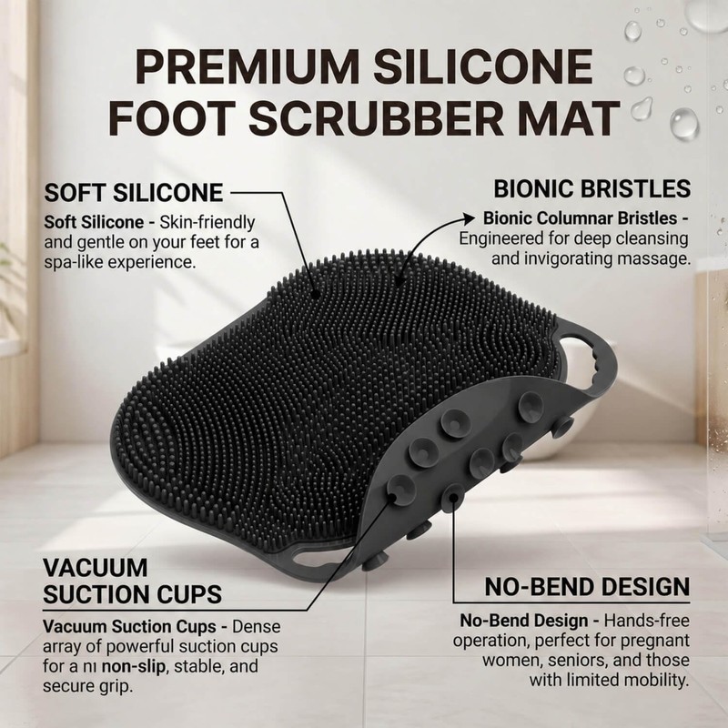 Shower Foot Scrubber Mat Non-Slip Silicone Body Scrubber Black