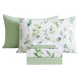 Botanical 6-Piece Queen Bed Sheets Set, Boho Floral Print Brushed Microfiber Sheets, Cooling Bed Sheet Set, Ultra Soft & Breathable, 16' Deep Pocket Fitted Sheet & Pillowcase Set, Sage Green Leaves