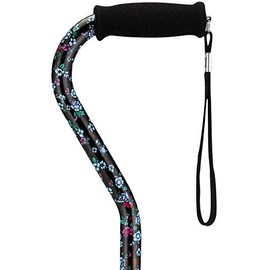 Designer Walking Cane with Offset Handle, Lightweight Adjustable Walking Stick with Carrying Strap,"Black w/Blue and Pink Flowers" Design, Black W/Blue and Pink Flowers