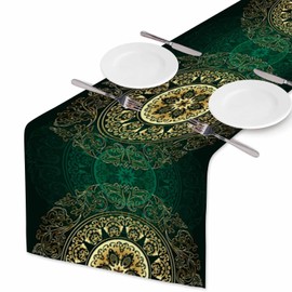 HOSNYE Table Runner Green Gold Vintage Mandala Floral,Cotton Linen Table Runner Decoration for Kitchen Family Dinner Table Holiday Party Farmhouse Style 13 x 72 Inch
