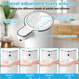 TEBOKHAD Automatic Soap Dispenser, 360 ml, Electric Soap Dispenser with Sensor, 4 Adjustable Levels, USB Re-Lab, IPX5 Waterproof for Kitchens, Bathrooms, School, Hotel (Foam)