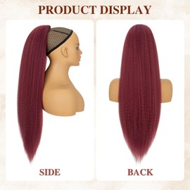 S-noilite Long Drawstring Ponytail Thick Kinky Yaki Straight Pony Tail Hairpieces 24 inch Synthetic Clip in Hair Extension for Black Women Girl Daily Use - Burgundy