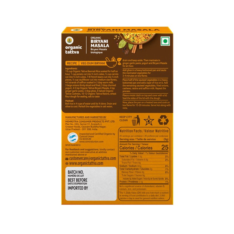 Organic Tattva Organic Blended Spices Masalas (Biryani Masala, 100)