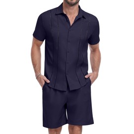 YTD Men's 2 Pieces Linen Set Short Sleeve Button Down Shirts and Shorts Summer Beach Yoga Matching Outfit S Navy