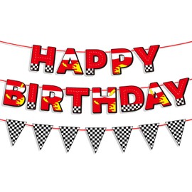 Happy Birthday Banner, Pre-Strung Cars Themed Birthday Backdrop with Checkered Race Flag Bunting Garland Sign for Boys Cartoon Party Decorations