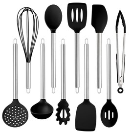 COOK WITH COLOR Silicone Cooking Utensils, Kitchen Utensil Set, Easy to Clean Silicone Kitchen Utensils, Cooking Utensils for Nonstick Cookware, Kitchen Gadgets Set, 10 Pieces, Black