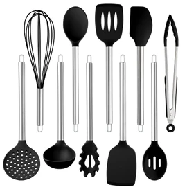 COOK WITH COLOR Silicone Cooking Utensils, Kitchen Utensil Set, Easy to Clean Silicone Kitchen Utensils, Cooking Utensils for Nonstick Cookware, Kitchen Gadgets Set, 10 Pieces, Black