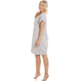 Camille Womens Short Sleeved Polka Dot Nightdress - Ladies Knee Length Nightie - Comfortable & Breathable Summer Nightwear Grey 18-20