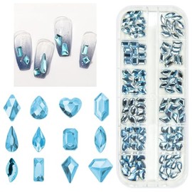 qiipii 120Pcs Light Blue Nail Rhinestones 12 Shapes Big Gems Flatback Stones K9 Glass Sky Blue Diamonds Crystals Jewels Nail Art Charms for Arylic Nails Face Eyes Makeup DIY Crafts Tumblers Bottles
