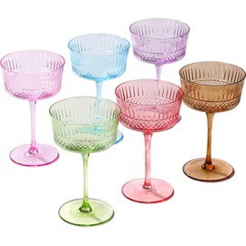 Physkoa Vintage Colored Coupe Glasses 9.3 oz Art Deco Coupe Glasses Set of 6-Crystal Martini Cocktail Glasses-Vintage Cocktail Glasses Set-Classic Colored Coupe Glasses-Long Stem Glassware