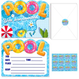 partyzoa 24 Pack Pool Party Invitations with Envelopes and Sticker, Summer Pool Birthday Party Invitation Cards Invites Fill In Invitations for Boys Pool Birthday Party Decorations Supplies Favors