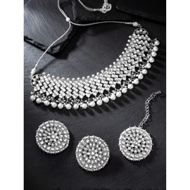 Aheli Ethnic Faux Kundan and Silver White Beads Choker Necklace Earrings Maangtikka Fashion Jewelry for Women