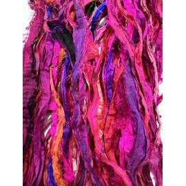 Maker's Craft Recycled Fuzzy Fringes Sari Silk Ribbon Yarn 35yards, 100Grams for DIY Knitting Crocheting Gift Wrapping, Christmas Decoration, Macrame Makers, Jewelry Making, Rugs Hooking (Magenta)