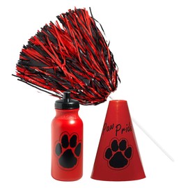 Anderson's Exclusive Red and Black Paw Pride Shaker Pom Poms Megaphone Noisemaker Water Bottle Set School Spirit Cheerleader Sports Fan Football Homecoming Squad Team Party Dance Club Pack of 12