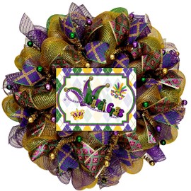 Mardi Gras Handmade Wreath With Jester Hat Deco Mesh Available in 24 inch and 28 inch diameters