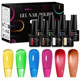MEET ACROSS Neon Jelly Gel Nail Polish 8Pcs Glass Crystal Gel Polish Transparent Ice Jelly Nail Polish with Base Top Coat Red Yellow Blue Purple Green Collection Nail Gel DIY Neon Garden Gifts