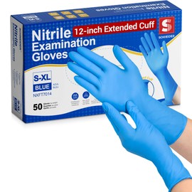 Schneider Nitrile Exam Gloves, Extended 12 Inches Cuff, Medium, 4 mil, 50-ct Box, Gloves Disposable Latex Free, Powder Free for Medical, Food Prep, Cleaning, Cooking, Blue