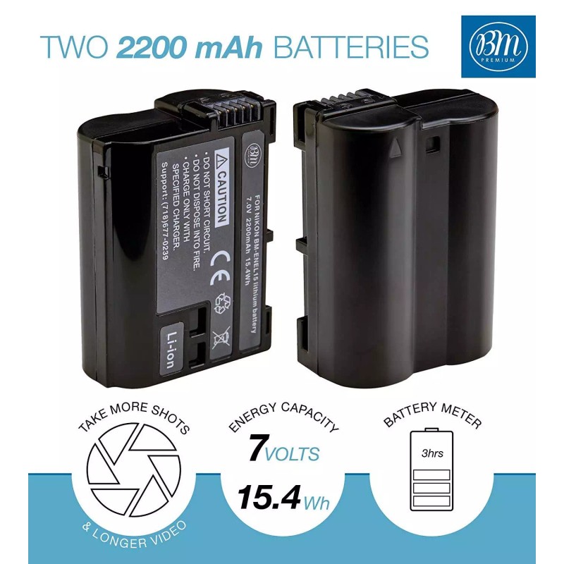 BM Premium 2 EN-EL15 Batteries for Nikon D810A, D850, D7000,