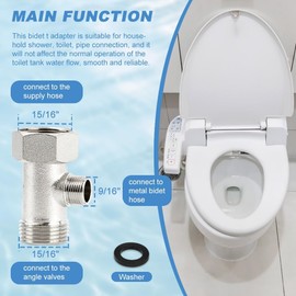 Bidet T Adapter - 7/8"x7/8"x3/8" 3 Way Tee Connector with Leak-Proof Gasket, Universal Toilet Faucet Splitter & Shower Head Valve for Bidet Attachment, Home Toilet Diverter Hose Fitting Easy Install
