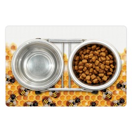 Lunarable Nature Pet Mat for Food and Water, Honey Bees Wax Abstract Insect of Spring Season Artwork Image, Non-Slip Rubber Mat for Dogs and Cats, 18" X 12", Marigold Apricot