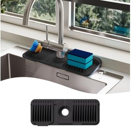 14.6 Inch Silicone Faucet Mat for Kitchen Sink Splash Guard - 6 Slope Water Draining Mat with Fasten Button for Bathroom Area - Black (Black, 14.6''x5.5'')