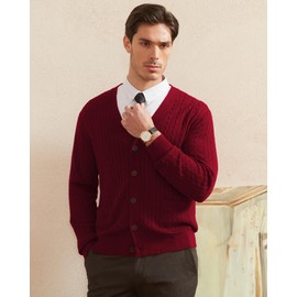 Kallspin Men's Cardigan Sweater Wool Blend Cable Knit V Neck Buttons Cardigan with Pockets(Burgundy Red, Medium)