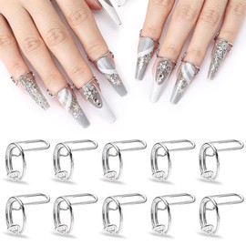 CPJJ Pack of 10 nail rings, nail ring, ring nails, nail ring for acrylic nails, adjustable fingernail rings for artificial nails, nail art decoration, silver