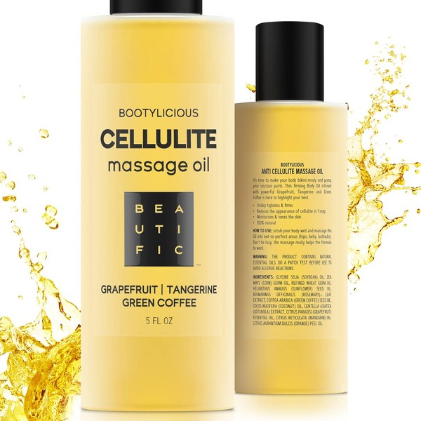 BEAUTIFIC Anti-Cellulite Massage Oil - 100% Natural, Vegan, Cruelty-Free with Grapefruit & Green Coffee | Skin Tightening & Firming, 5 Fl Oz