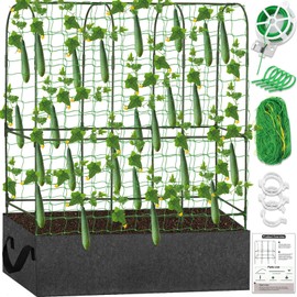 Garden Cucumber Trellis for Climbing Plants Outdoors, 65 x 50 Inch Large Metal Garden Trellis with Gardening Tools Nylon Garden Netting for Raised Bed Vegetable Fruit Flower Grow Support(U-Shape)