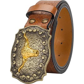 FGSS Men-Classic-Leather-Belts - Vintage-Western-Cowboy Embossed-Belts with Longhorn-Bull-Buckle for Women-Jeans-Pants