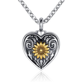 GMXLin Golden Sunflower Heart Urn Necklace for Ashes Men Women Cremation Jewelry Dad Mom Grandma Memorial Keepsake Pendant with Stainless Steel Chain
