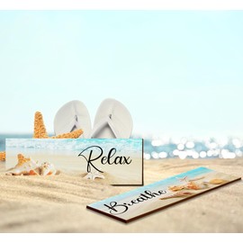 UBTKEY Beach Bathroom Decor, Beach Theme Bathroom Wall Decor, 4 Pieces Relax Soak Unwind Breathe Wooden Wall Art Sea Ocean Beachy Decor for Bathroom Laundry Spa Room, 13 x 4.3 Inch