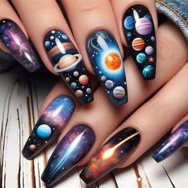 Planet Press on Nails Long Length Ballet Shaped Fake Nails Starry Sky Pattern Design Full Cover Stick on Nails Glossy Artificial Nails Press Nails with Charm Acrylic Glue on Nails for Women 24Pcs