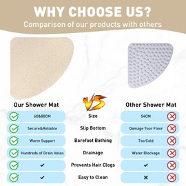 Corner Shower Mat Non Slip: 60 x 60 cm Loofah Shower Mats for Inside Shower - Quadrant Shower Tray Matt Anti Mould for Elderly