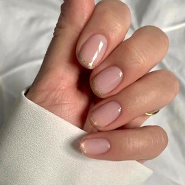 Short Press on Nails French Fake Nails with Gold Glitter Designs - Square Acrylic Nails Ombre Translucent Glue on Nails Simple Glossy Stick on Nails for Women 24 Pcs