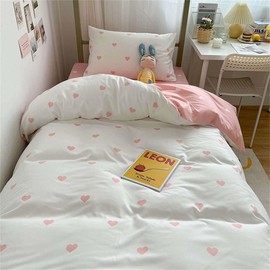 Nyescasa Heart Bed Linen 155 x 220 cm Pink White Hearts Duvet Cover Girls Children Soft Microfibre Heart Pattern Reversible Bedding Set with Zip and Pillowcase 80 x 80 cm