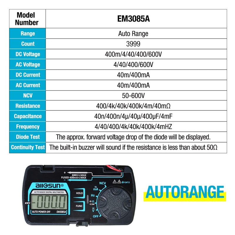 allsun Auto Ranging Pocket Tiny Digital Multimeter, Mini Electrical Travel