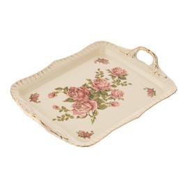 YOLIFE Ivory Serving Tray, Ceramic Floral and Gold Leaves Decorative Platter for Tea Party 15 X 11 inch (Pink Rose)